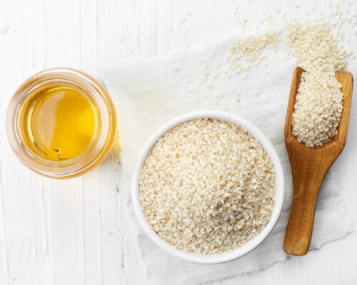 Bowl of sesame seeds and oil