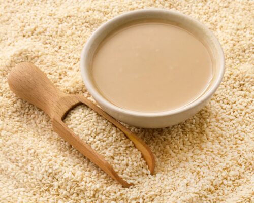 Bowl of tahini with sesame seeds